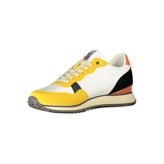 A yellow polyurethane men's sneaker with black laces and a white sole