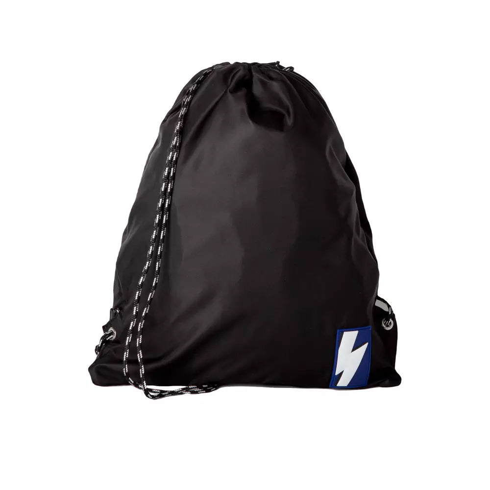 Black backpack with blue logo on front