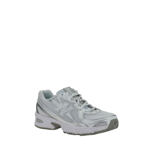 A pair of white athletic sneakers with a mesh upper, featuring a logo on the side and laces for closure