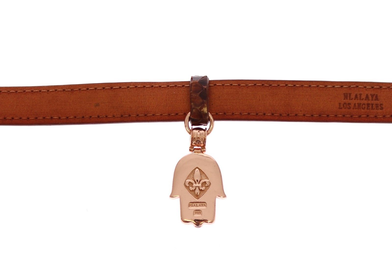 Brown leather belt with metal buckle and embossed logo