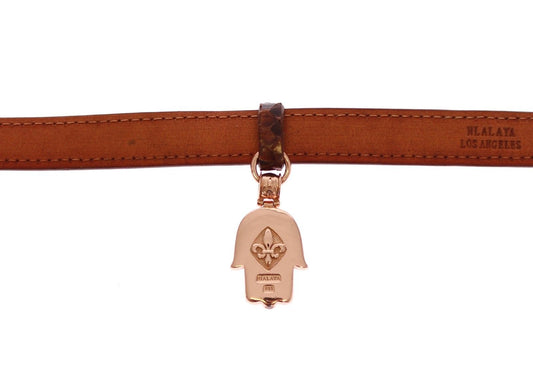 Brown leather belt with metal buckle and embossed logo