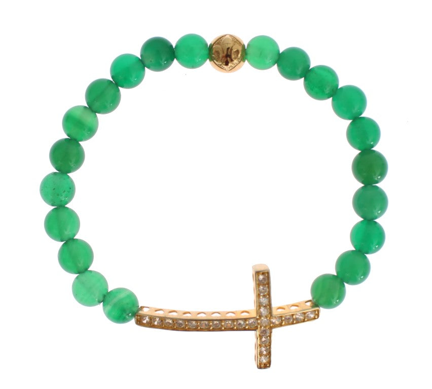 Green beaded bracelet with gold cross charm