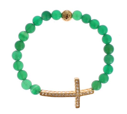 Green beaded bracelet with gold cross charm