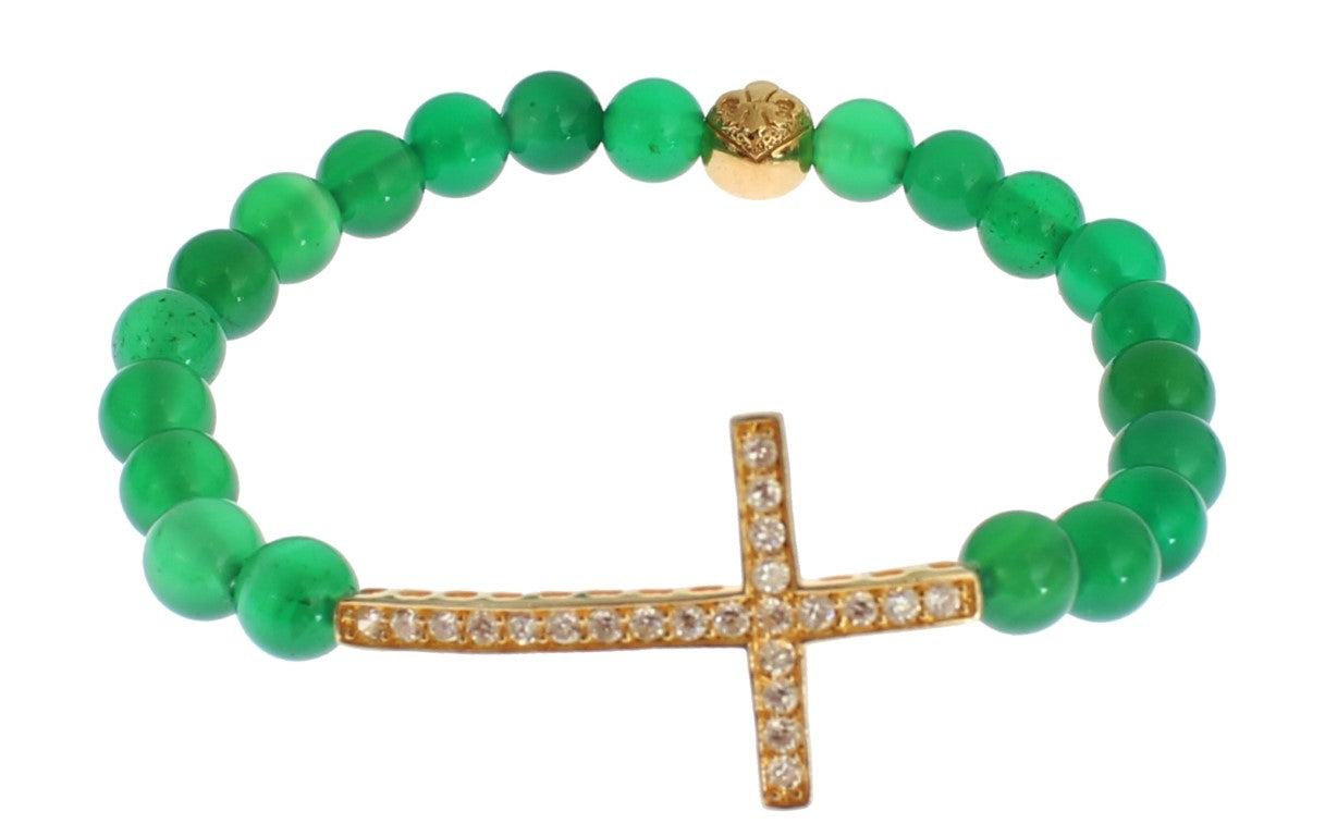 Green bead bracelet with gold cross charm