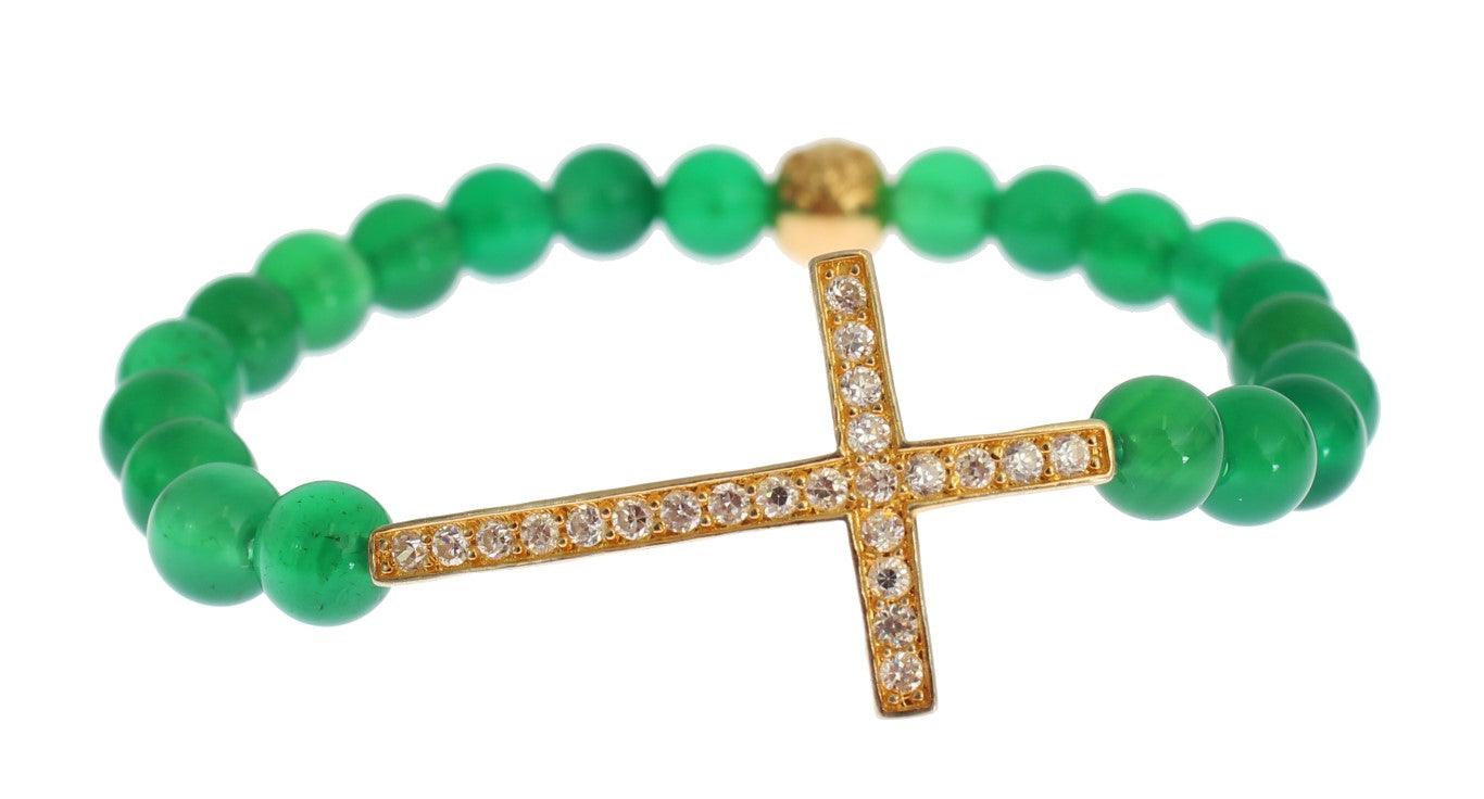 Green beaded bracelet with gold cross pendant
