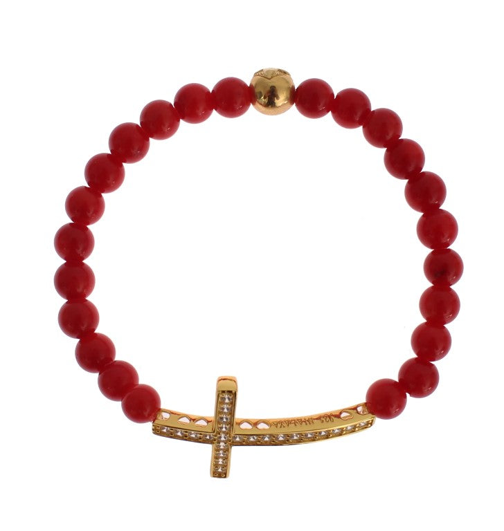 Red bead bracelet with gold cross pendant