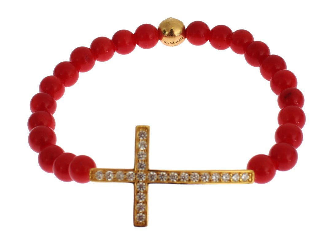 Red bead bracelet with gold cross pendant