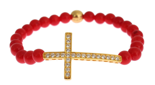 Red bead bracelet with gold cross pendant
