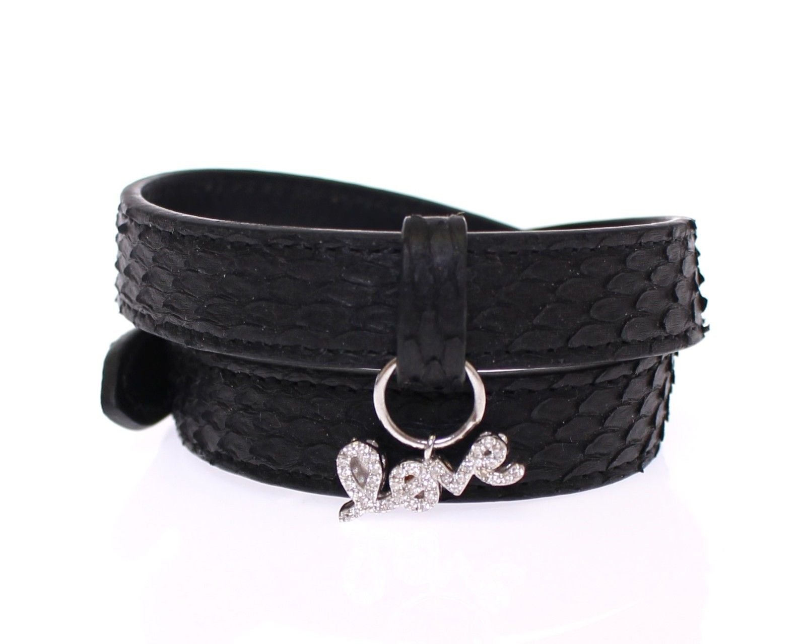Black leather bracelet with silver accents