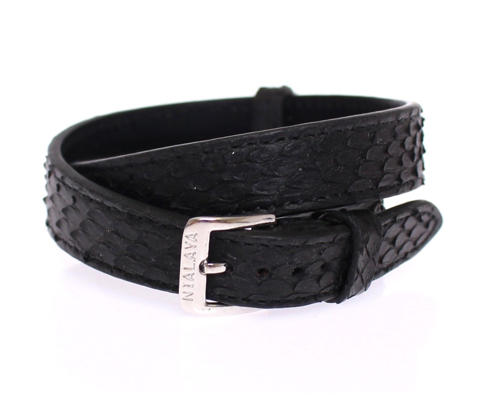 Black leather belt with silver buckle