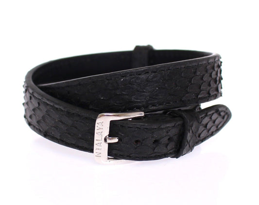 Black leather belt with silver buckle