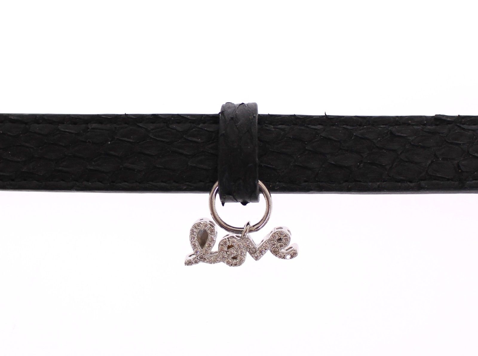 Black leather belt with silver buckle and charms