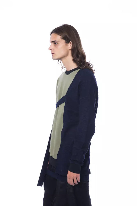 Man wearing long sleeve shirt with blue and green stripes