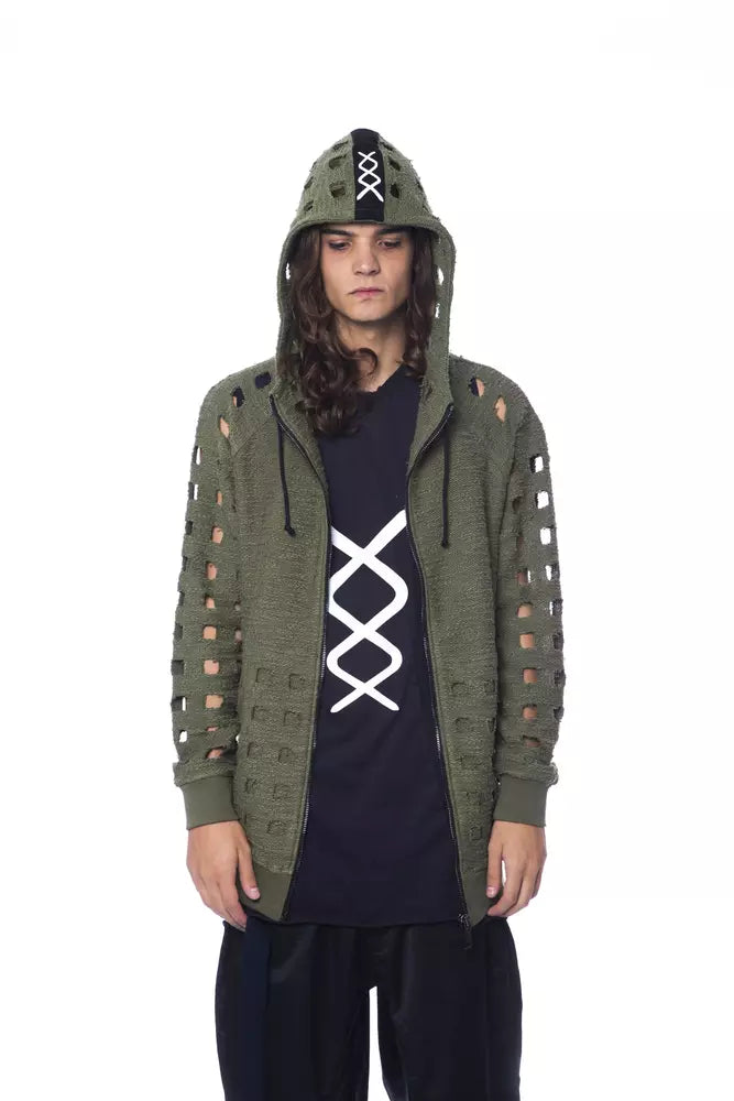 Olive green hooded jacket with zipper details on front
