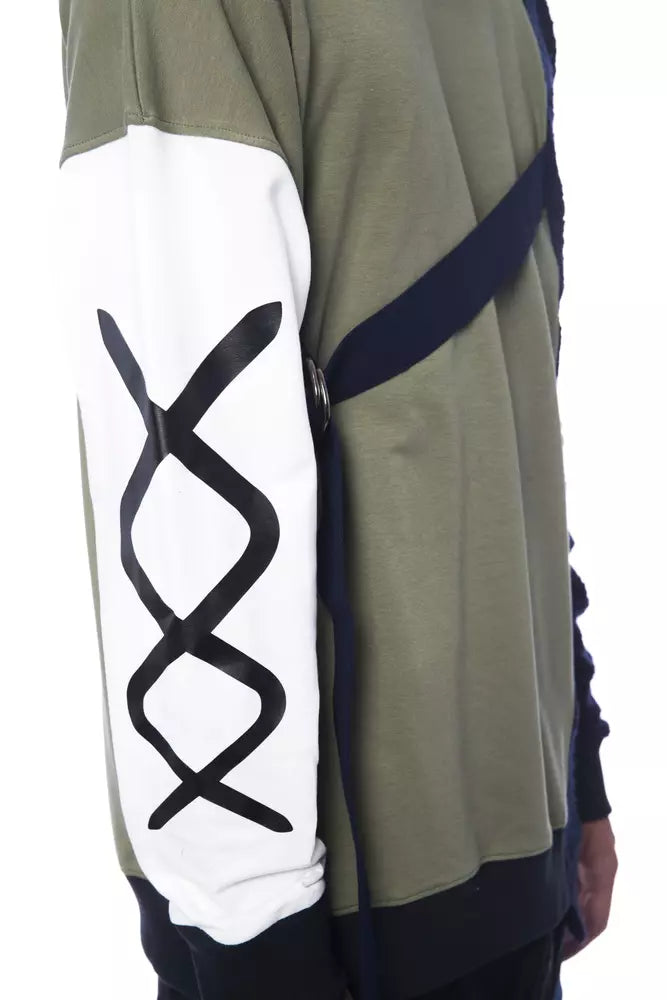 Green jacket with white sleeve featuring black X design