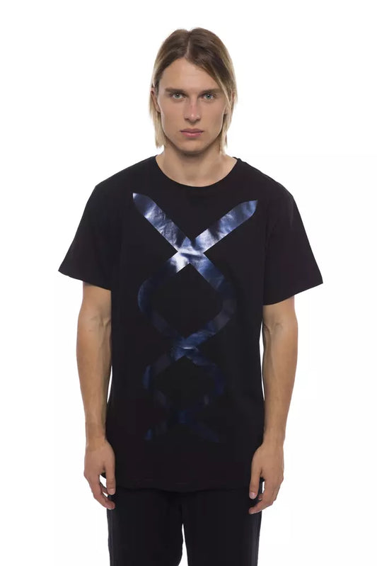 Black t-shirt with blue design on front