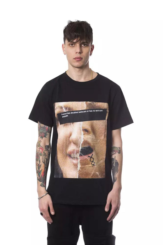 Man wearing black t-shirt with graphic design on front