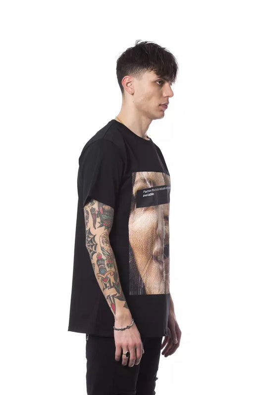 Man wearing black t-shirt with graphic design on front