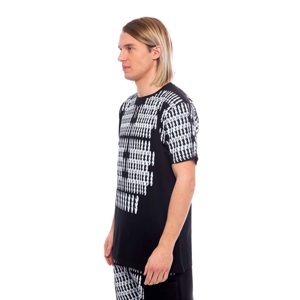 Man wearing black and white patterned shirt