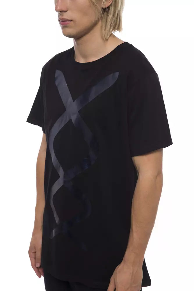 Black t-shirt with graphic design on front