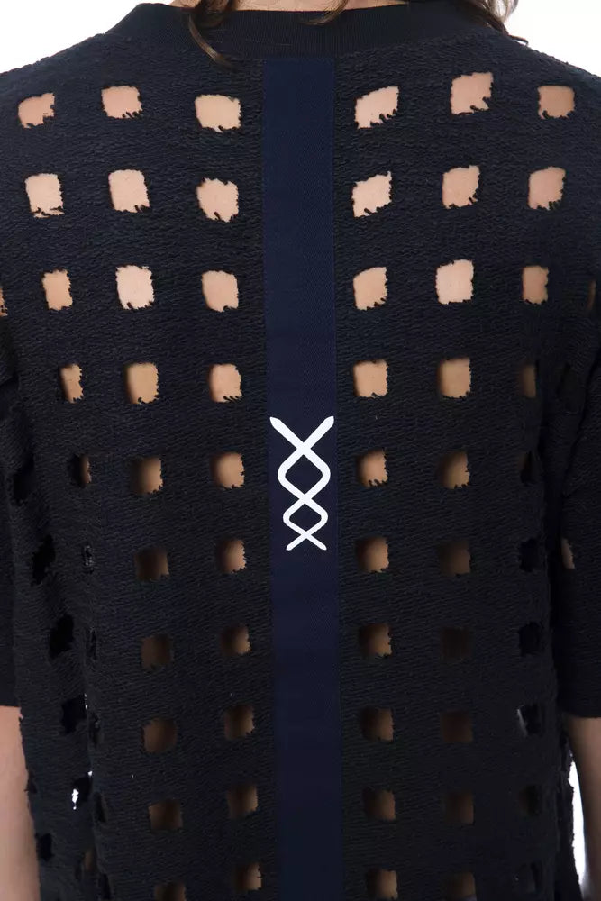 Black knit sweater with cutouts and a white x design on back