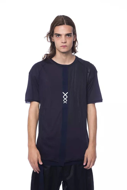 Man wearing dark t-shirt with white logo on front