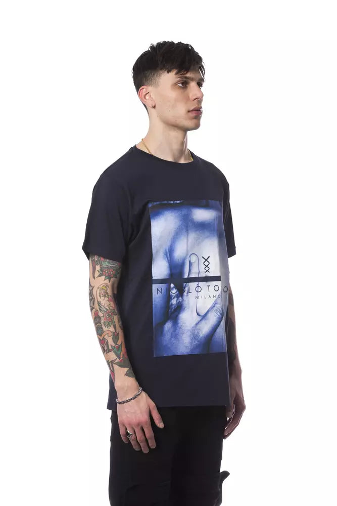 Man wearing black t-shirt with graphic design on front