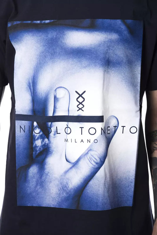Black t-shirt with graphic design on front