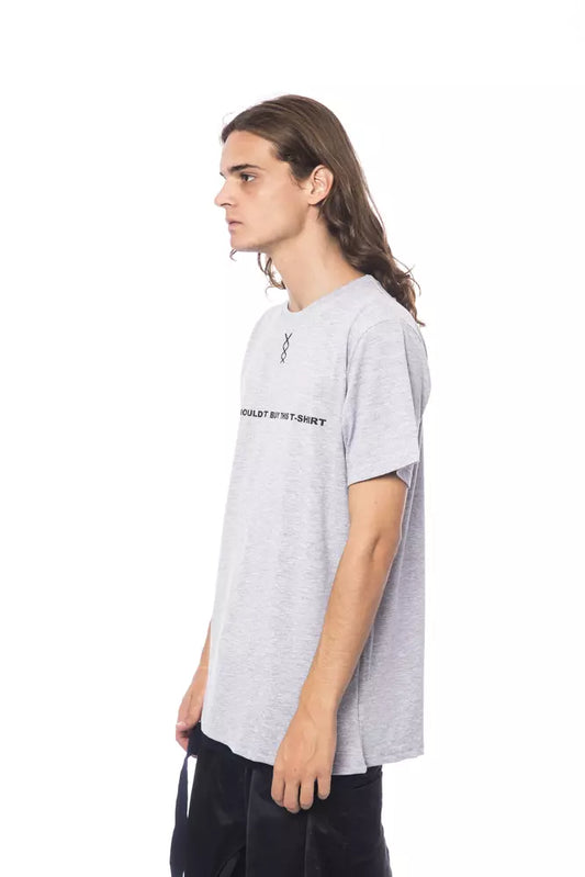 Mannequin wearing gray t-shirt with white lettering