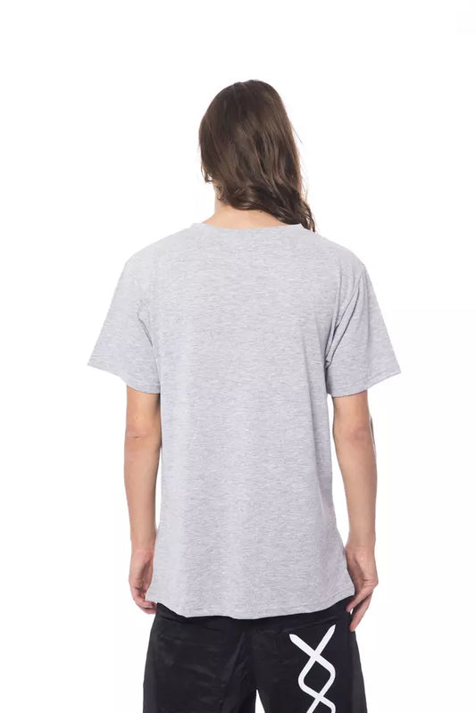 Grey short sleeved t-shirt on a person