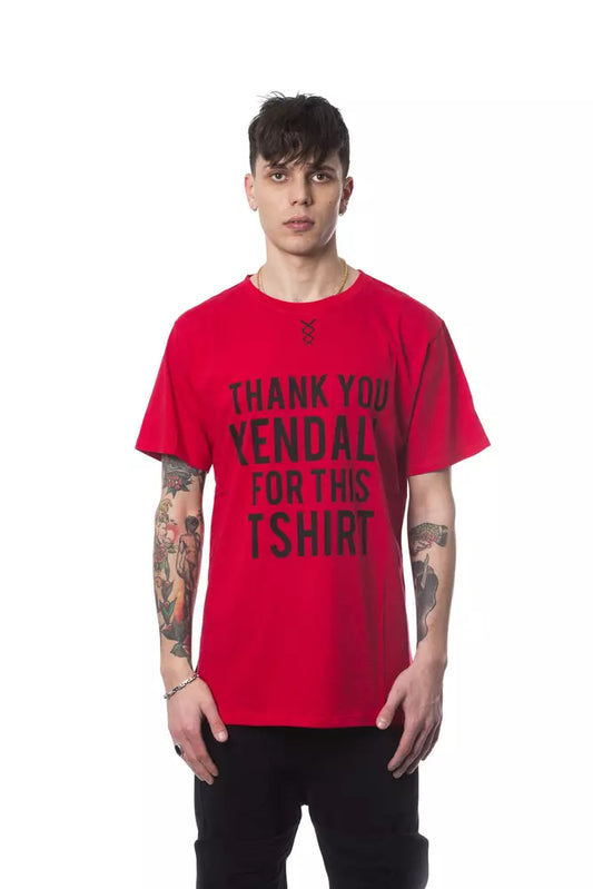 Red t-shirt with white lettering