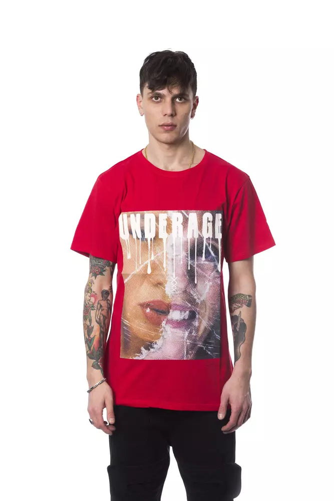 Red t-shirt with graphic print on front
