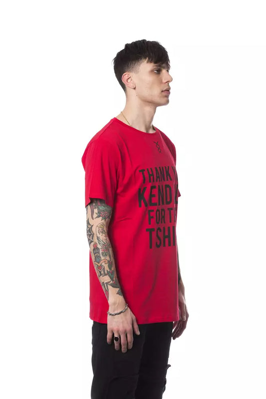 Red t-shirt with white lettering