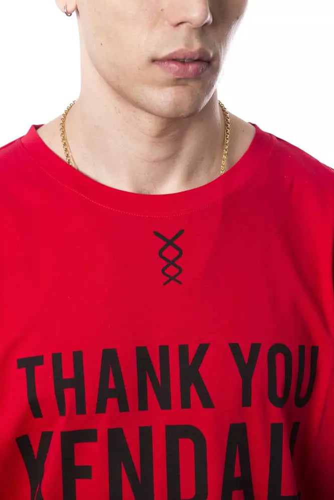 Man wearing red shirt with white lettering