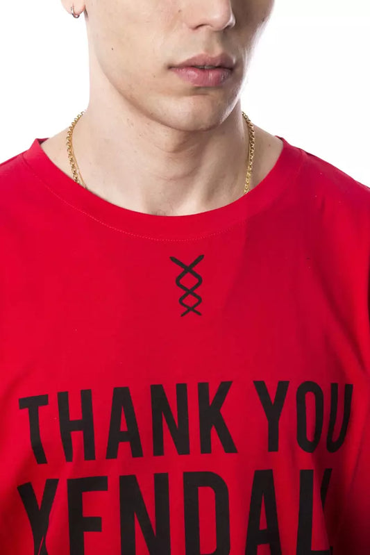 Man wearing red shirt with white lettering