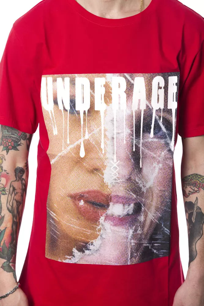 Red t-shirt with graphic design featuring two faces