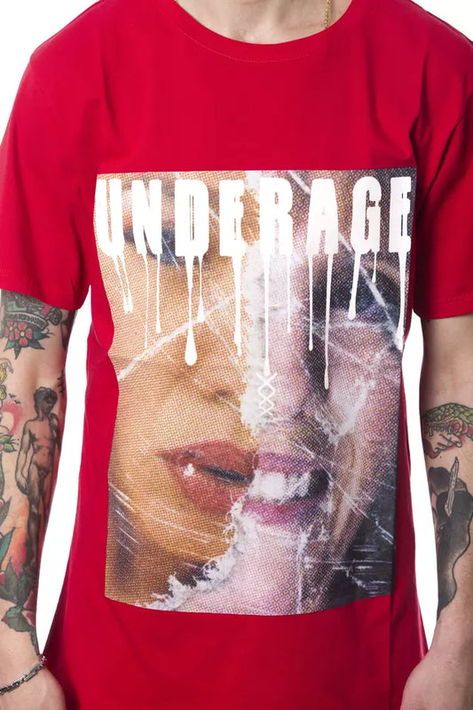 Red t-shirt with graphic design featuring two faces