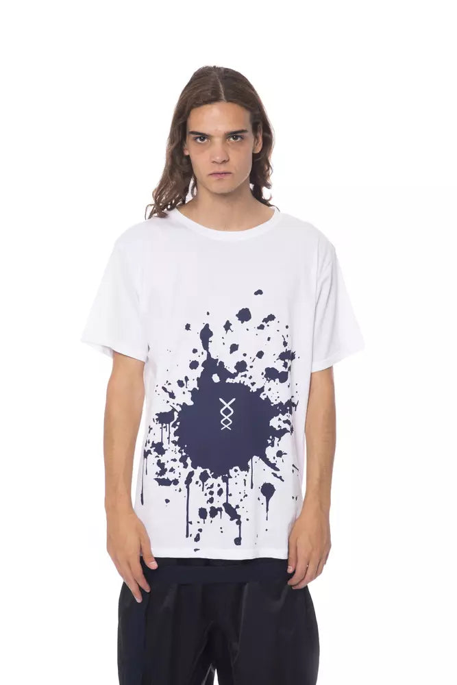 White t-shirt with blue splatter design