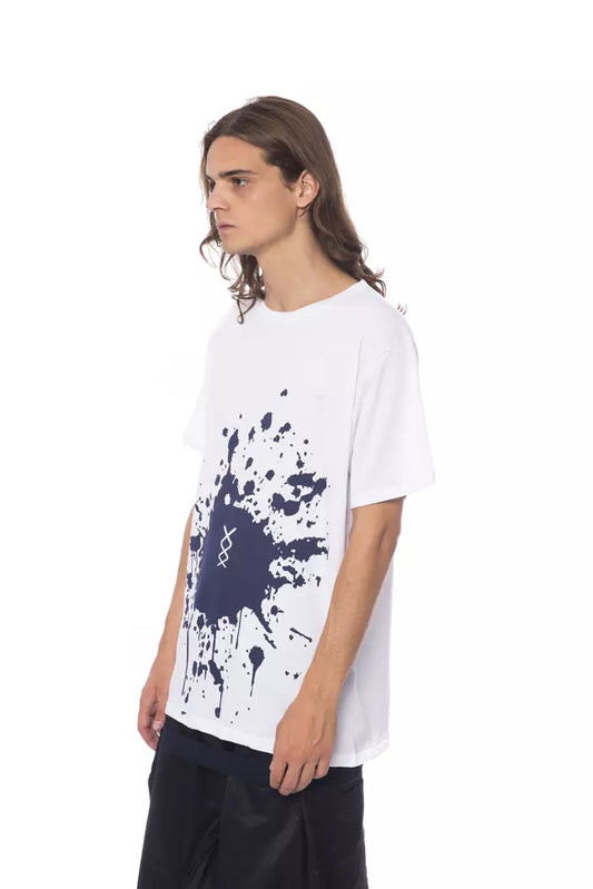 Man wearing white t-shirt with blue splatter design