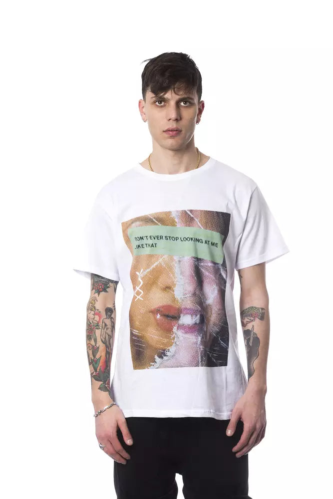 Man wearing graphic t-shirt with face design