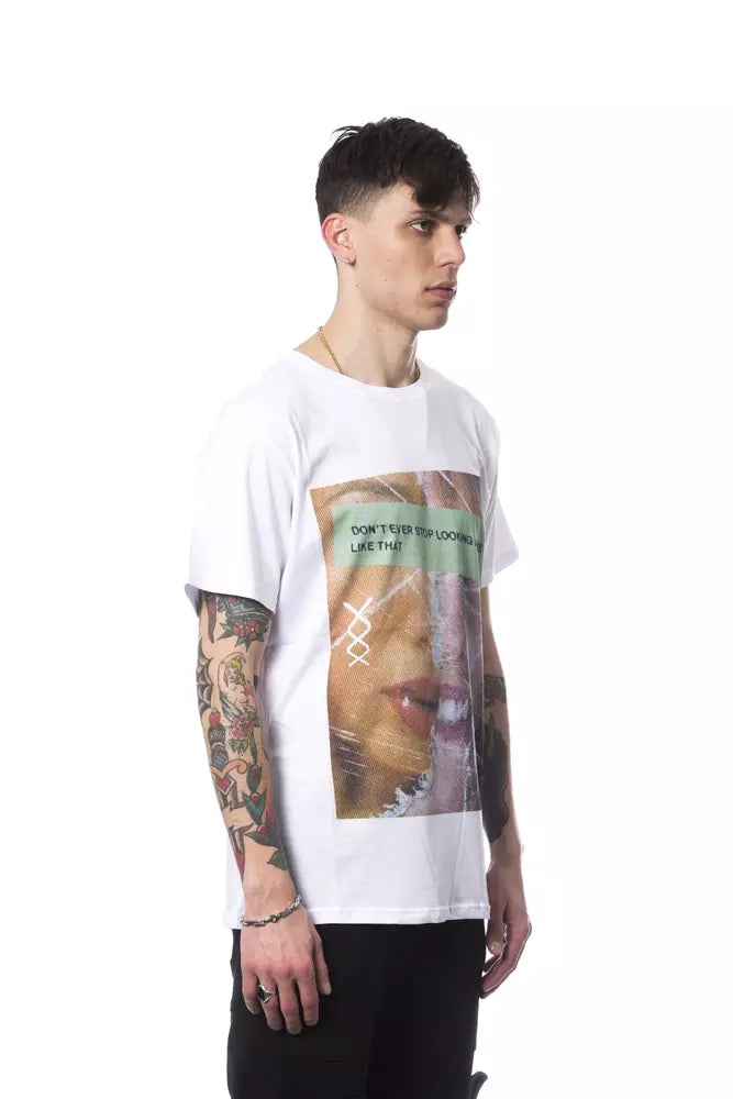 Man wearing white t-shirt with graphic print on front