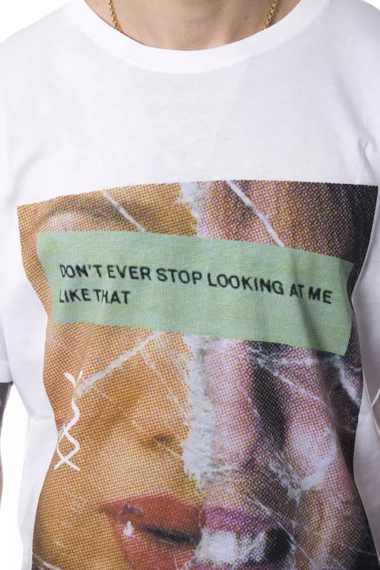 Graphic print on a t-shirt featuring a face with a speech bubble containing text