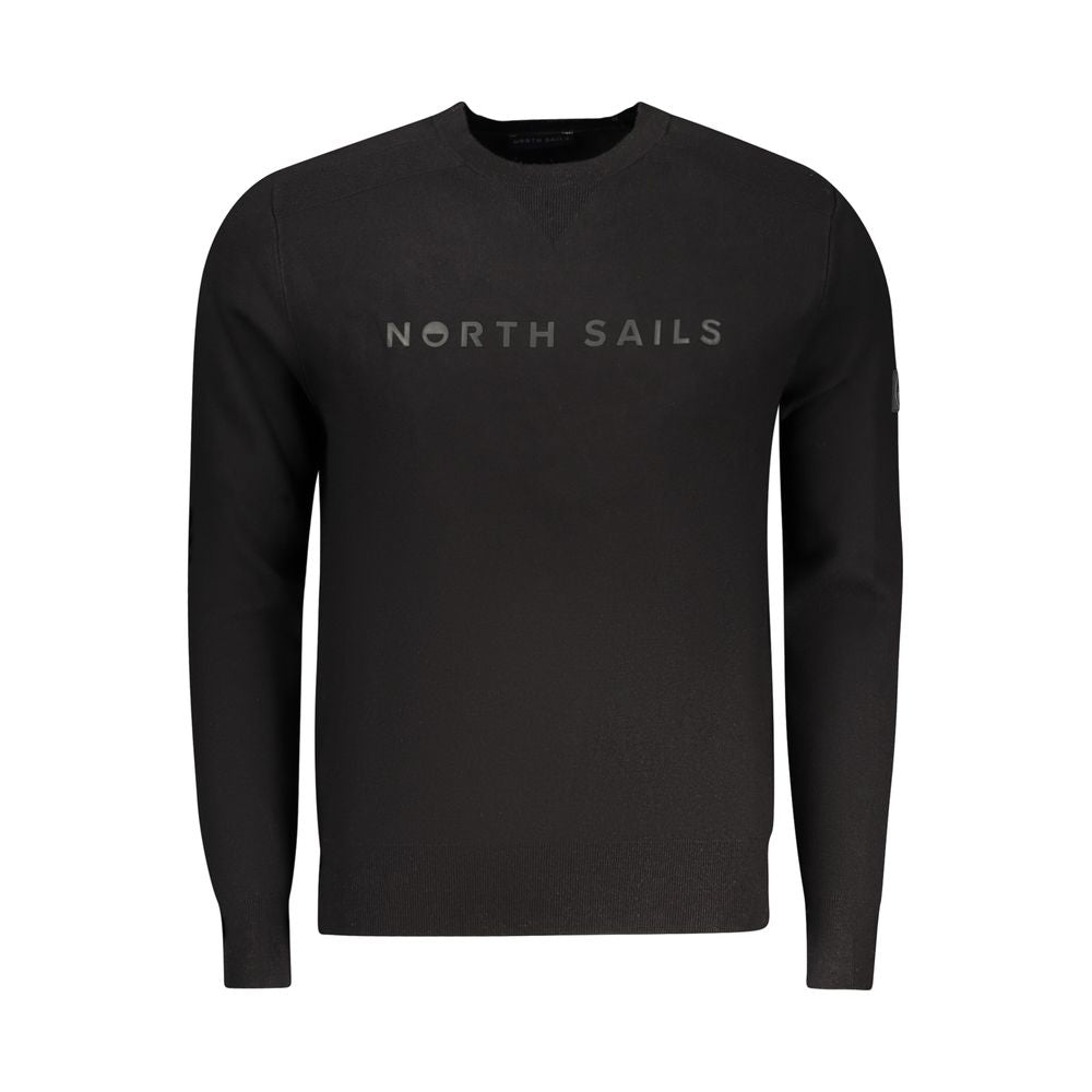 Black long sleeve sweater with white lettering on front