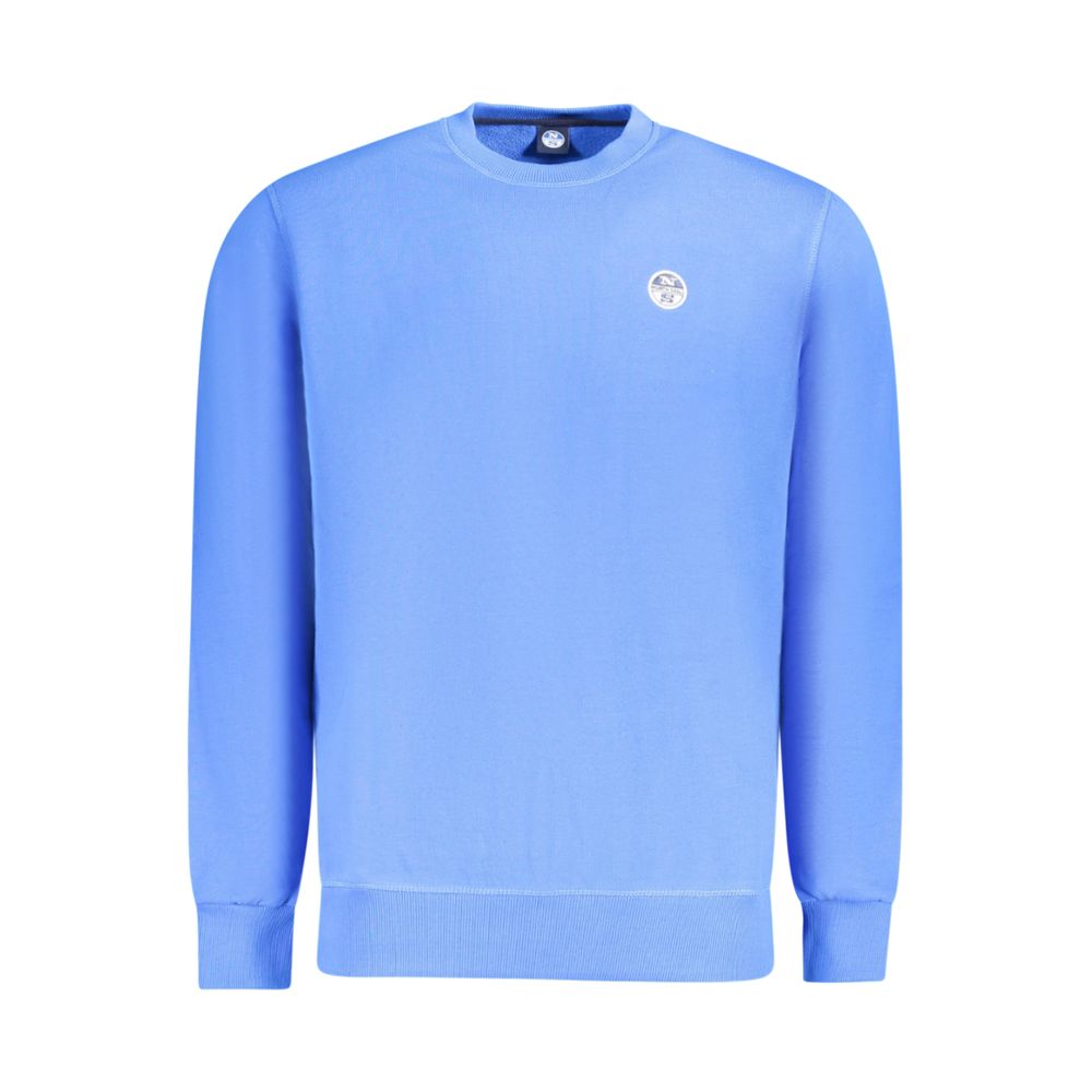 Blue crew neck sweater on hanger