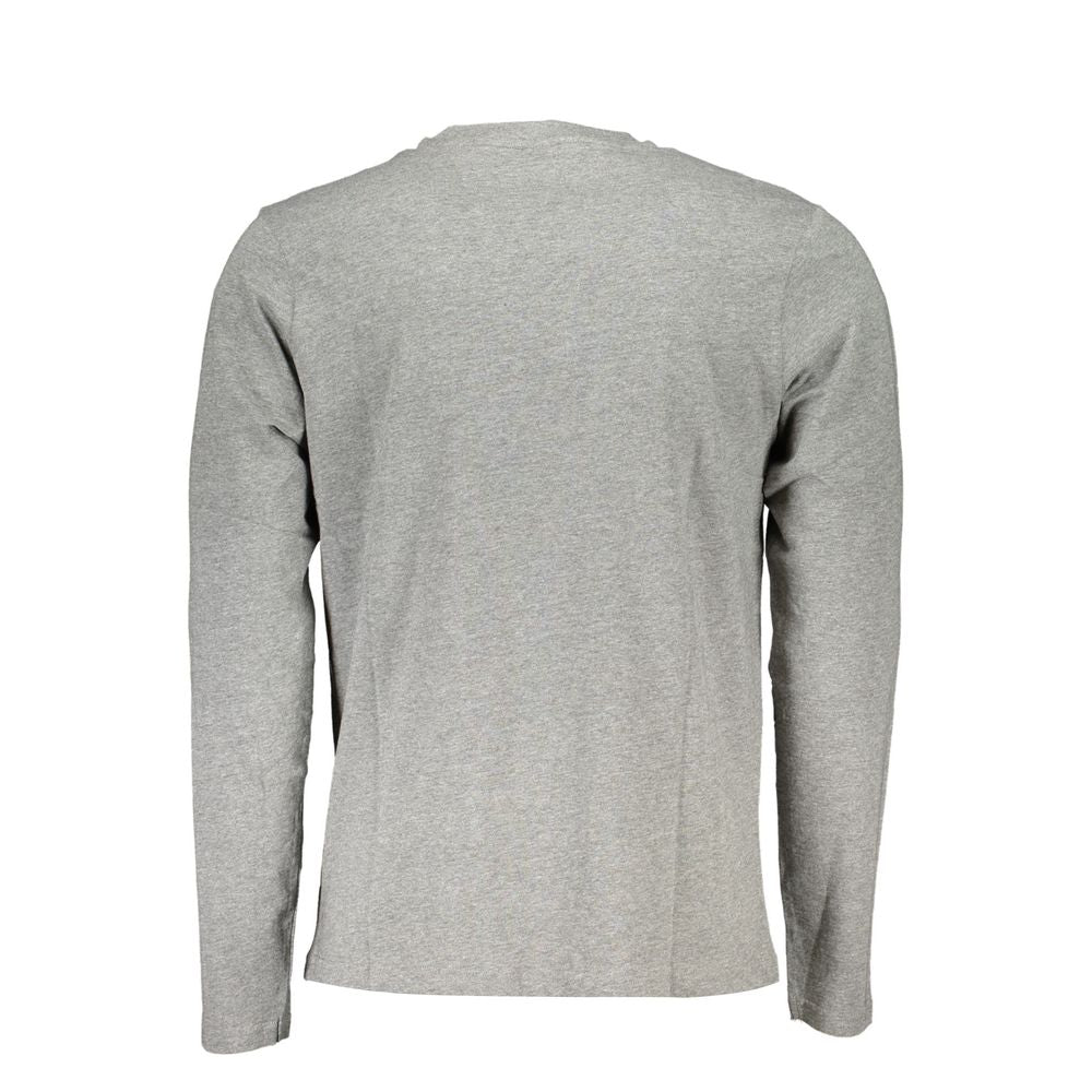 A grey cotton men's t-shirt with short sleeves and a crew neckline
