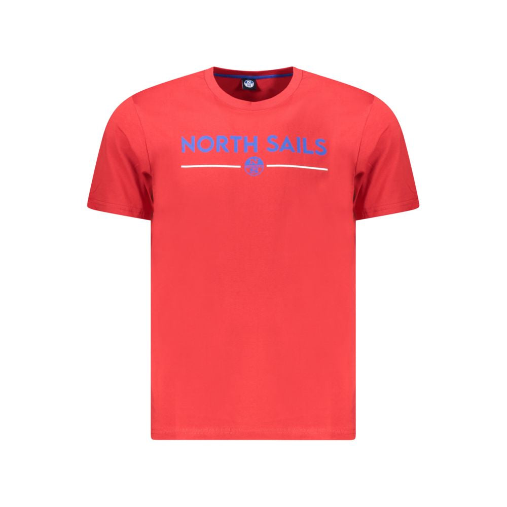 Red t-shirt with white lettering and logo
