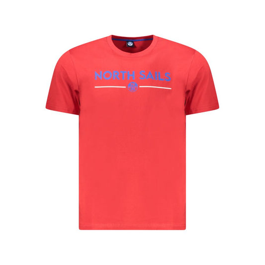 Red t-shirt with white lettering and logo