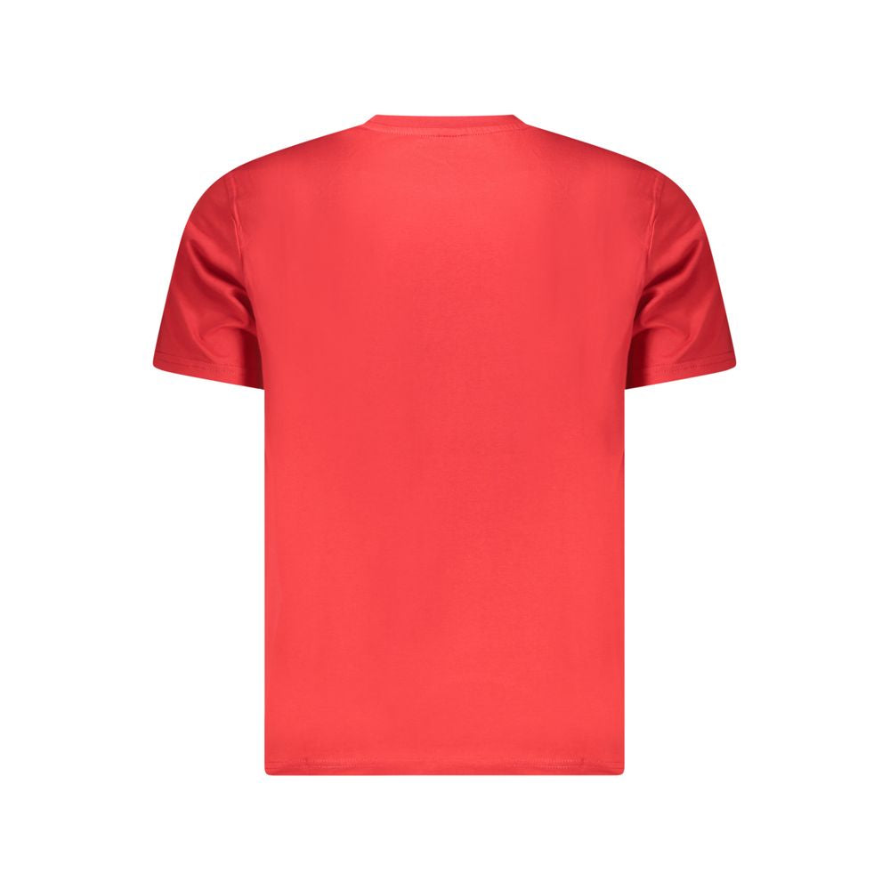 Red short sleeved shirt on a hanger
