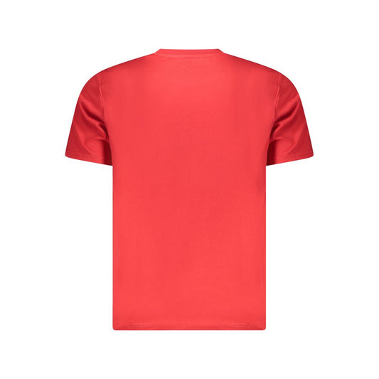 Red short sleeved shirt on a hanger