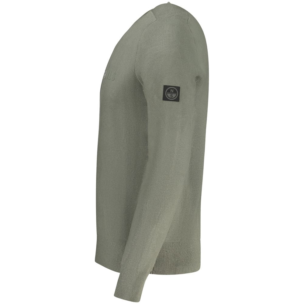 Long sleeve heather gray sweater with a small logo on left shoulder